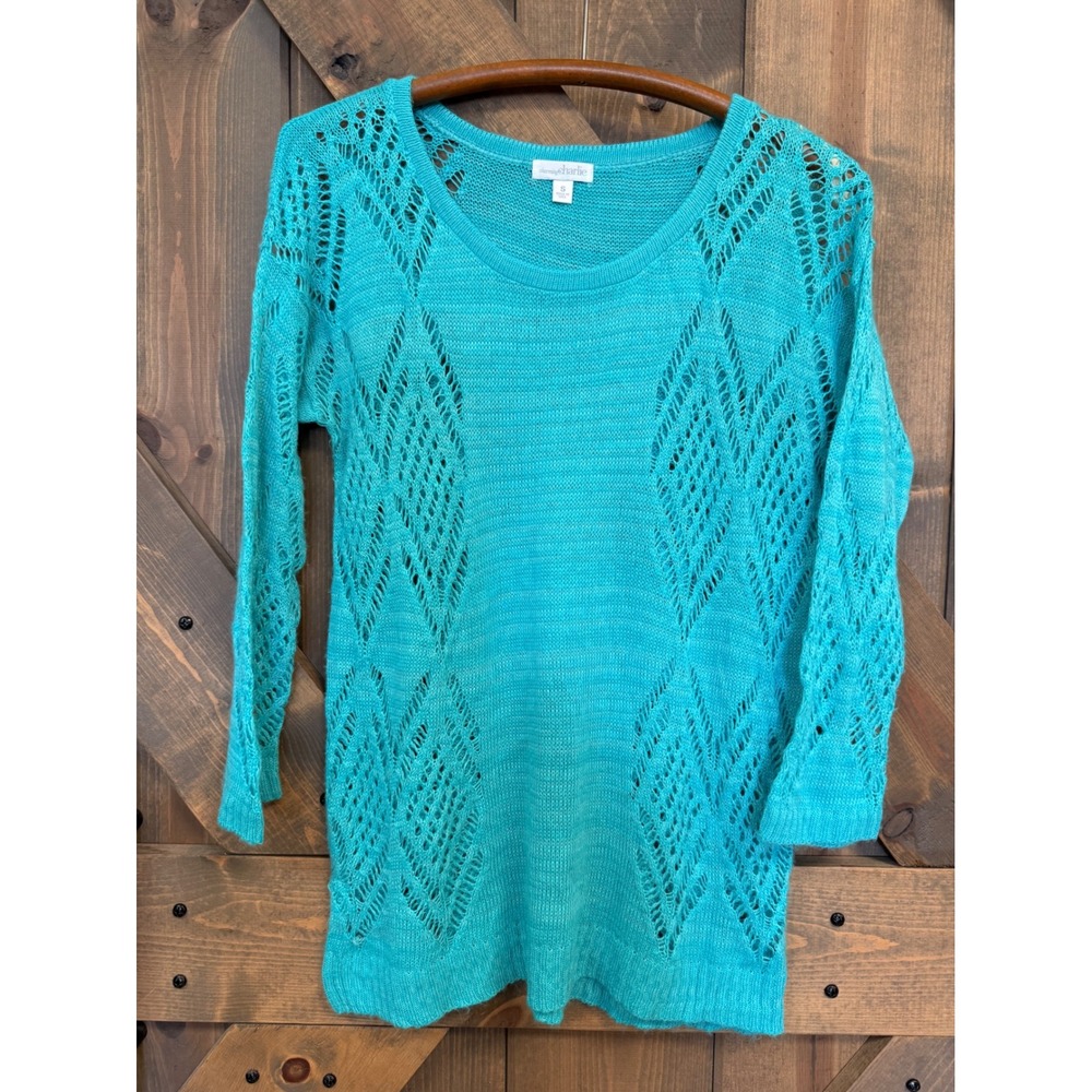 Charming Charlie Sweater Womens S Turquoise Good Pointelle Open Knit 3/4 Sleeve